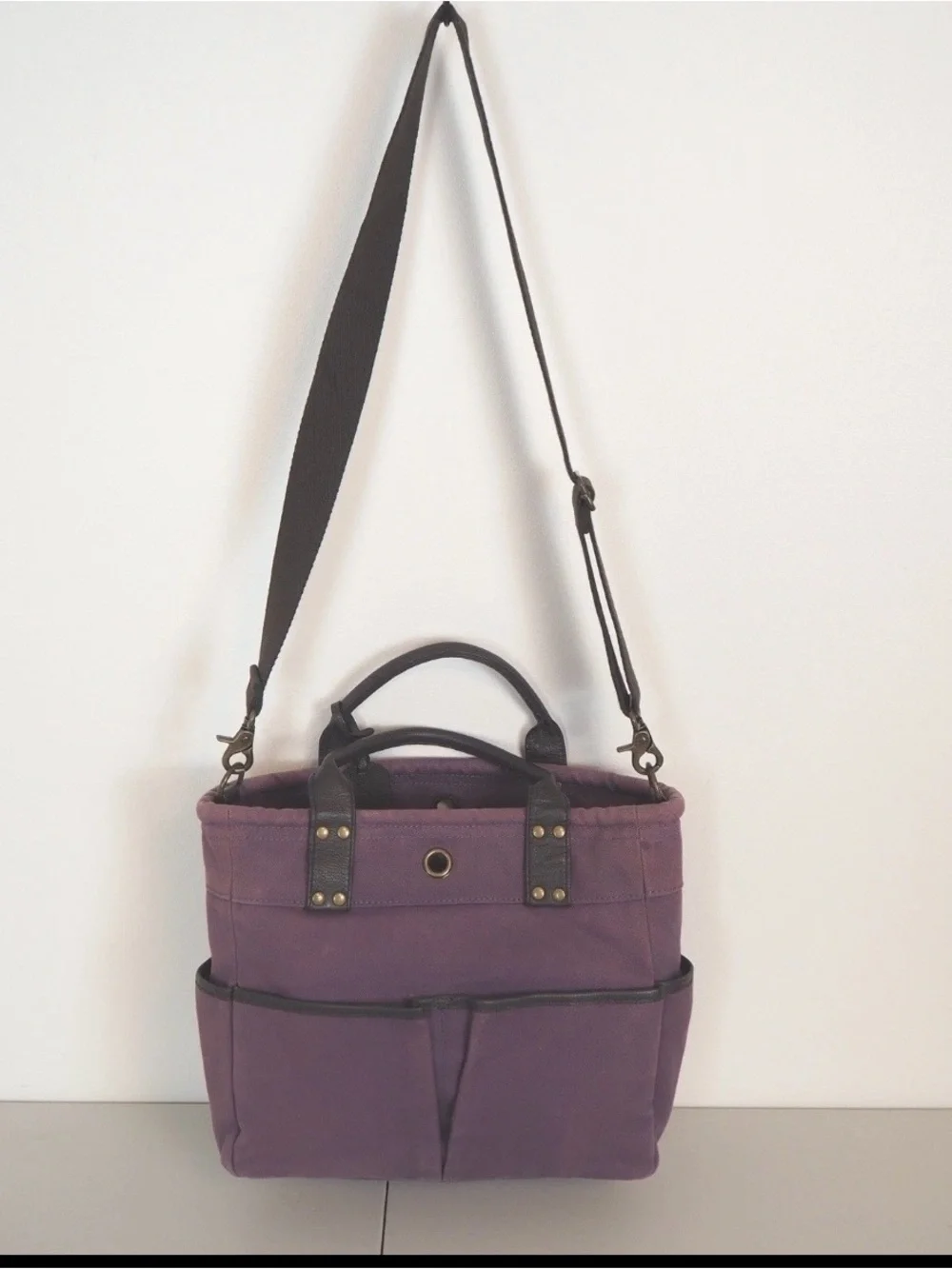 Levenger Purple Canvas Tote with Dark Brown Leather Trim